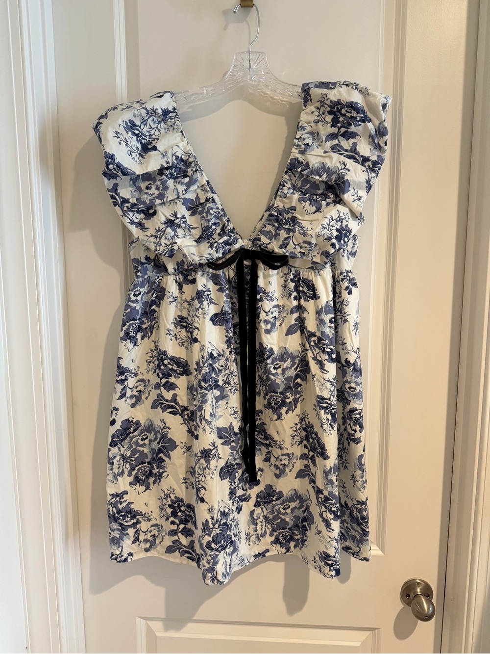 Women’s Cream Mini Dress with Blue Floral Print and Velvet Bow